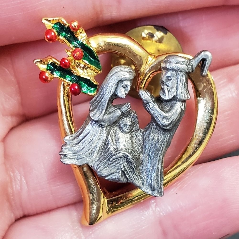 Vintage gold and silver tone baby Jesus brooch red green